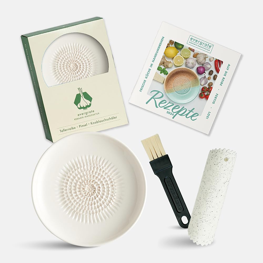 Evergrate® Keramikreibe Cremeweiss mit Geschenkbox – mit Reibe, Knoblauchschäler, Rezeptheft & Pinse