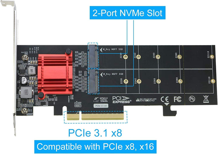 RIITOP Dual M.2 NVMe SSD auf PCIe Express 3.1 x8 x16 Kartenadapter, Unterstützung M-Key M.2 NVMe SSD