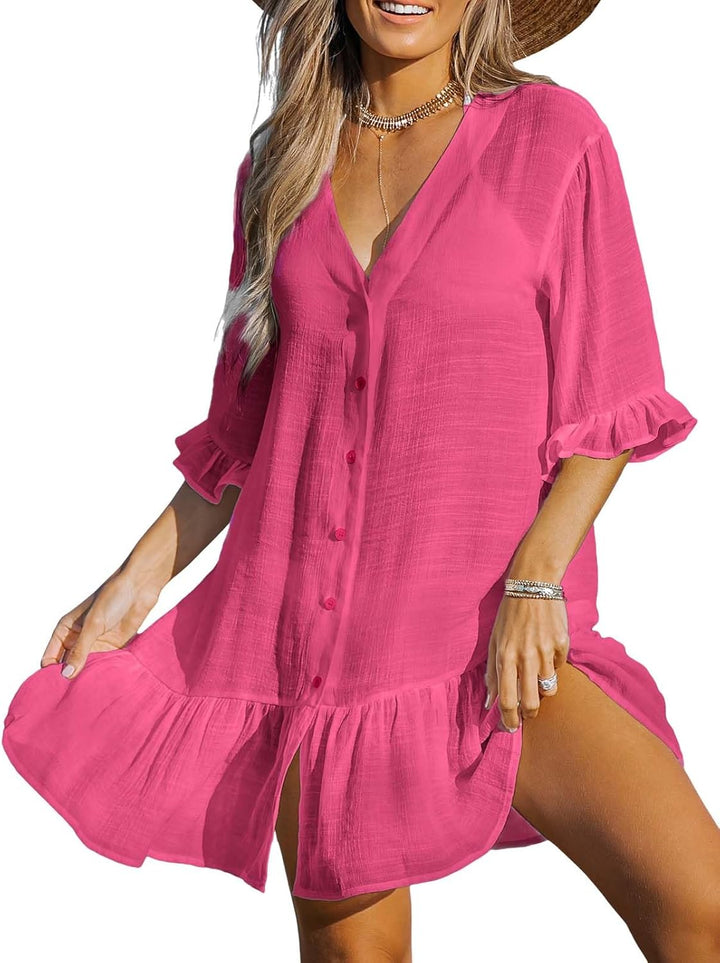CUPSHE Damen Strandkleid Bikini Cover Up V Ausschnitt Knöpfen Rüschensaum Freizeitkleider Sommer Bea