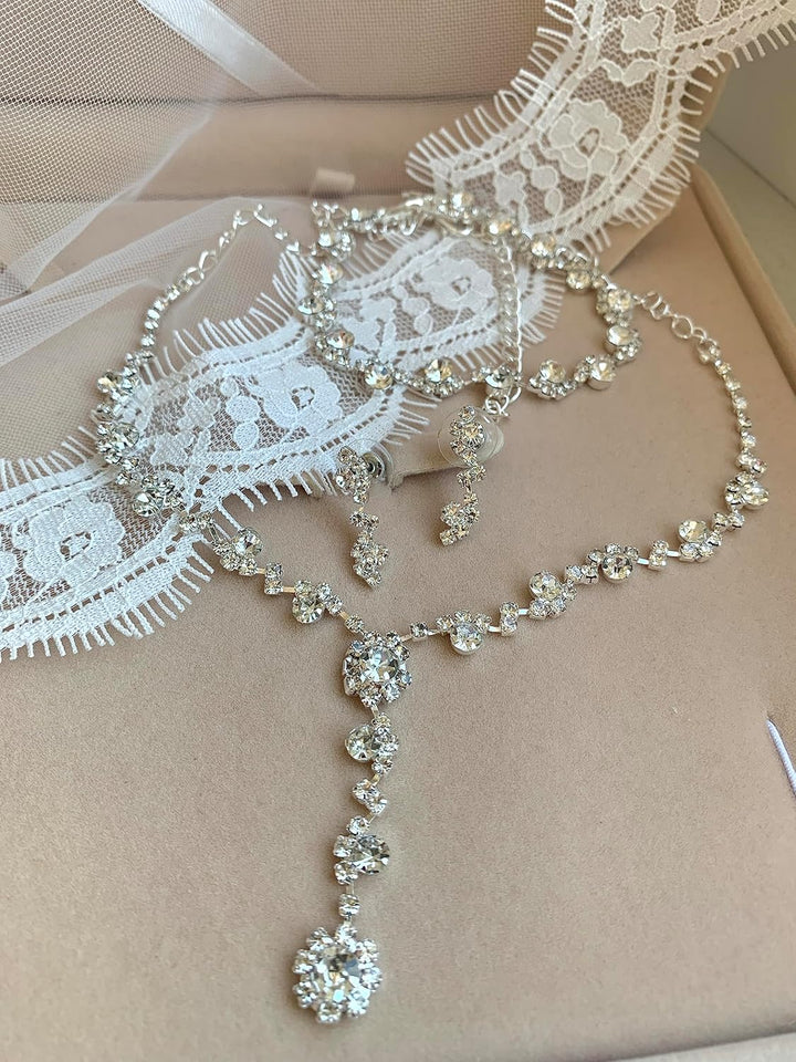 ONDEGO® 3er Set Y SILBER Strass Schmuck Kette Schmuckset Armband Hochzeit Collier Halskette Brautsch