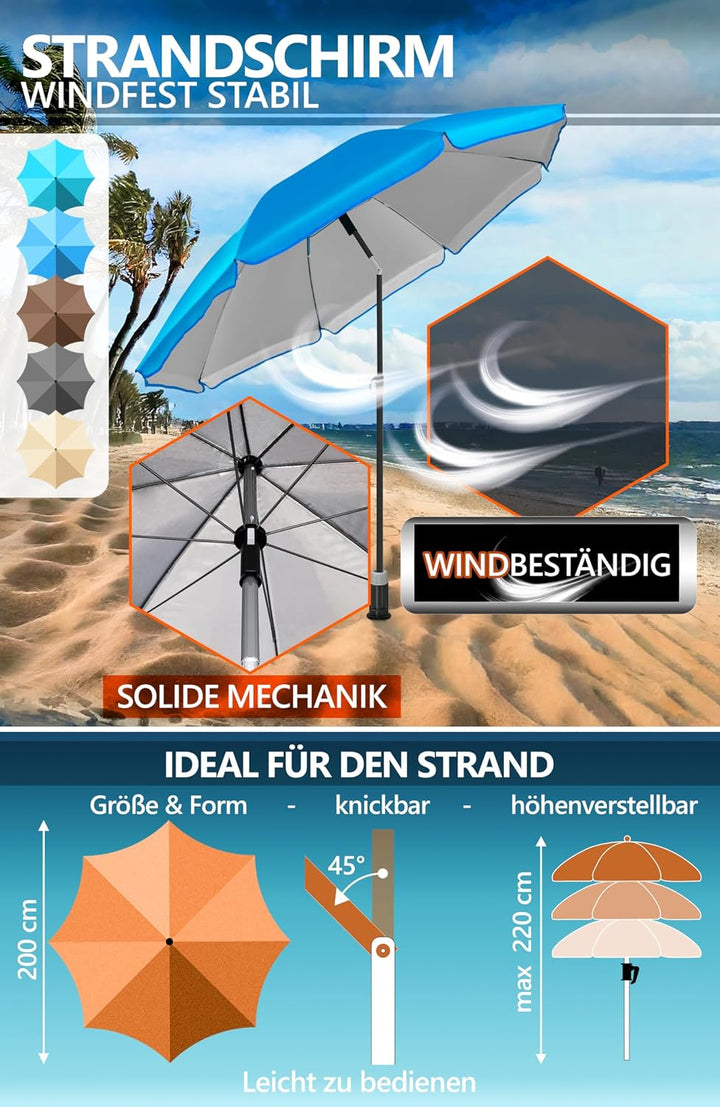 4smile Sonnenschirm Strand Ø 200 cm, 3-in-1 SET mit Bodenhülse, Blau | UPF 50+ Strandschirm + Sonnen