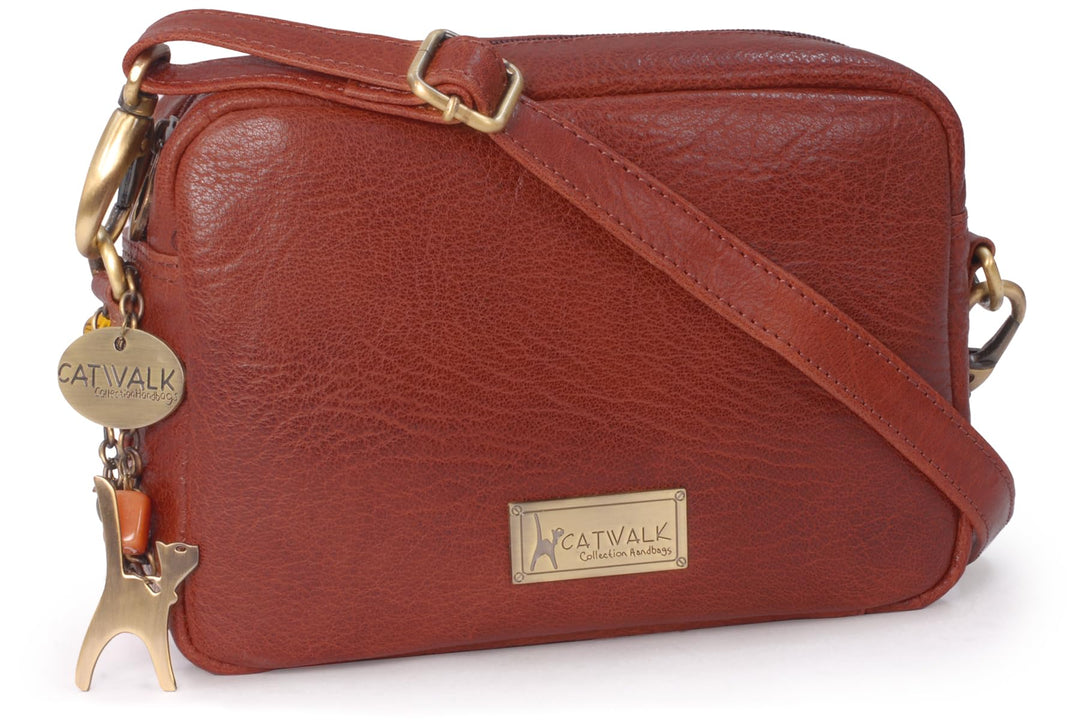Catwalk Collection Handbags - Leder - Klein Umhängetasche Messenger/Schultertasche - POLLY Hellbrun,