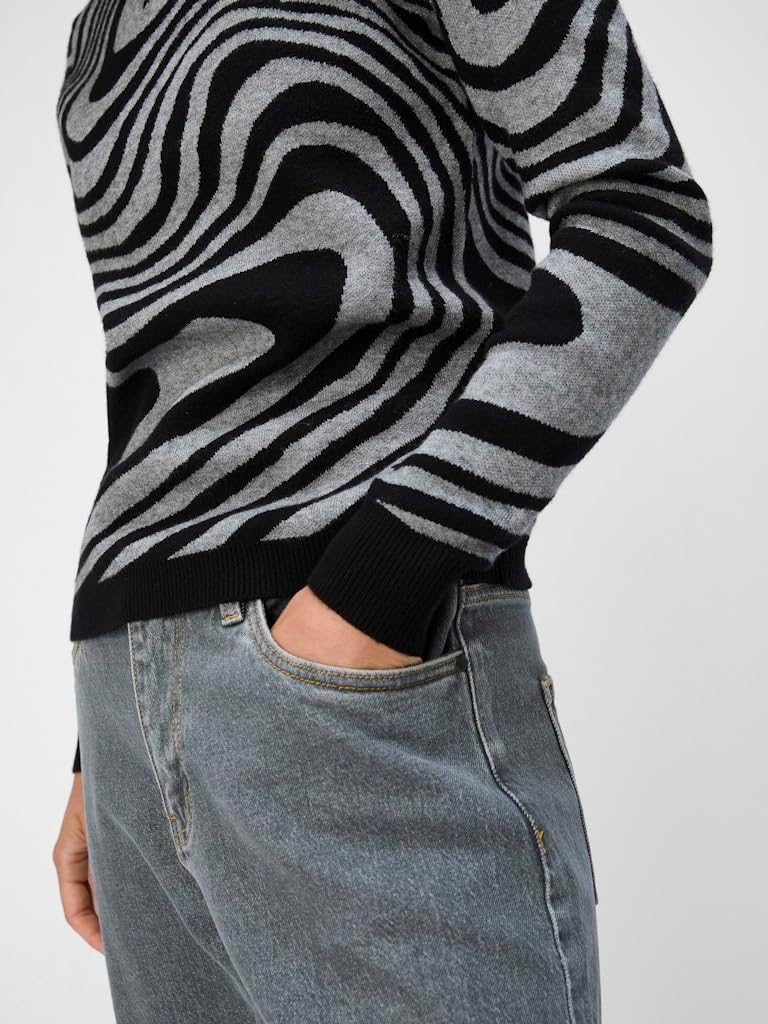 Object Female Pullover OBJRAY L Black/Pattern:medium Grey Melange Zebra, L Black/Pattern:medium Grey