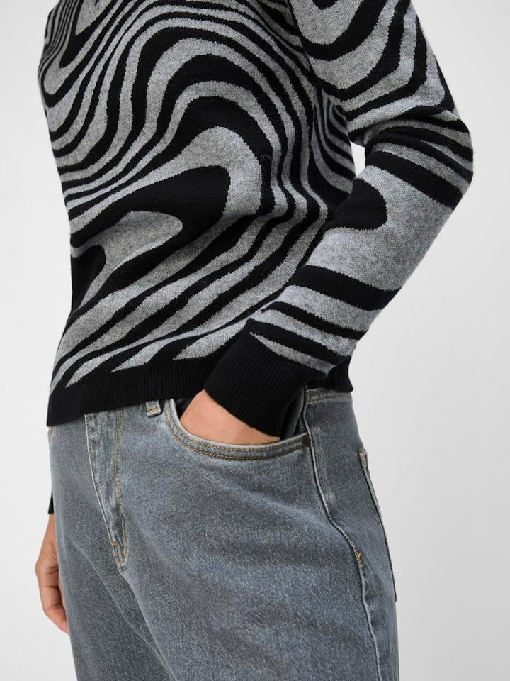 Object Female Pullover OBJRAY L Black/Pattern:medium Grey Melange Zebra, L Black/Pattern:medium Grey
