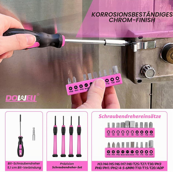 DOWELL 40 Stück Heimwerkzeugsatz Allgemeines Haushaltshand-Pink-Werkzeugset mit Kunststoff-Werkzeugk