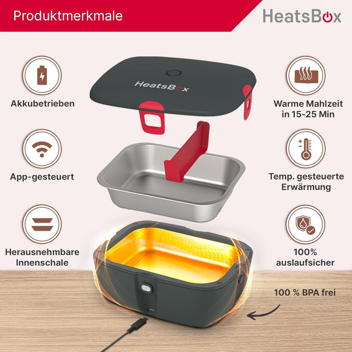FAITRON HeatsBox Go, Thermobehälter für Essen, Elektrische Lunchbox mit Akku und App-Bedienung, Ausl