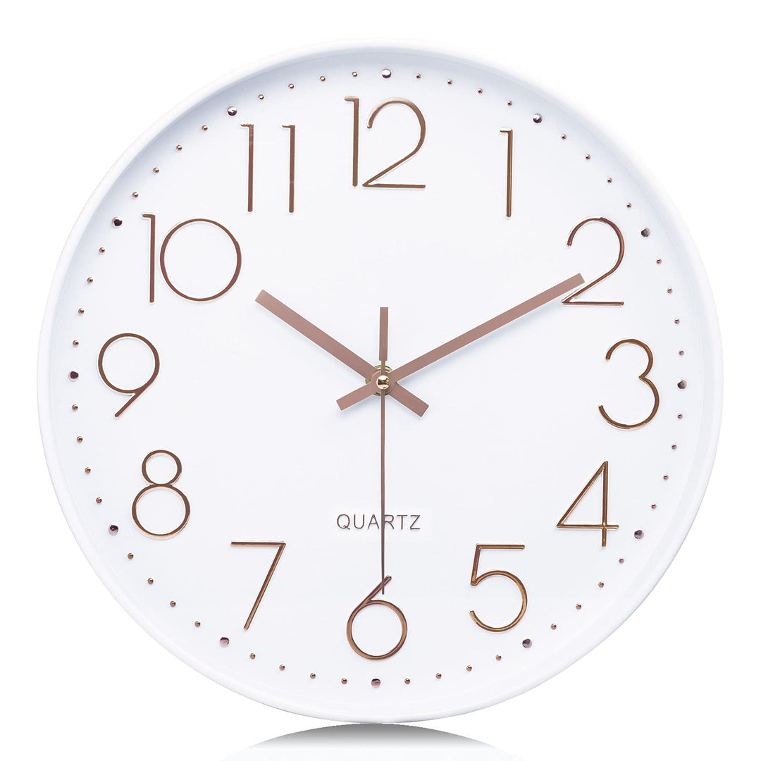 Lafocuse Weiss Modern Wanduhr Lautlos 30cm, 3D Ziffern Rosegold Ohne Tickgeräusche, Quartz Wanduhr A