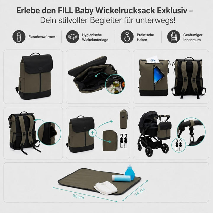 FILL Baby Wickelrucksack Exklusiv | Grosse Wickeltasche Mama Rucksack mit Flaschenwärmer und Wickelu