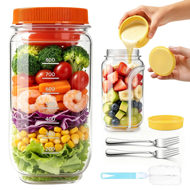 Mssushi 2er Set Salat To Go Box Mit Seitlicher Öffnung, 1L/35oz Prepara Salad Jar mit 2 Gabel, Ausla