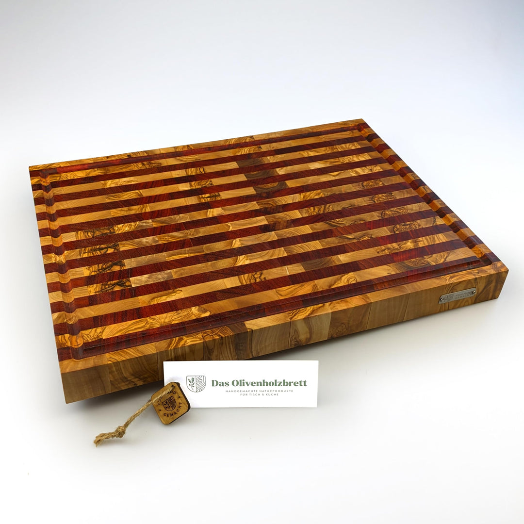 DAS OLIVENHOLZBRETT® Exklusives Mosaik & Stripes Schneidebrett Mit Saftrille - Luxus Hirnholzbrett A