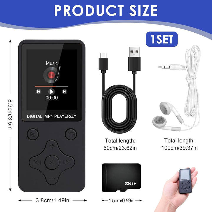 MP3 Player Bluetooth 5.3 mit 32GB Speicherkarte, Tragbarer Musikplayer mit 1,8 Zoll TFT Display, Lau