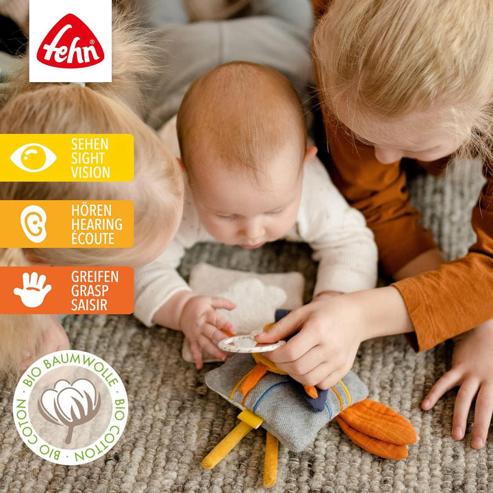 Fehn Fühlbuch Esel & Teddy - Buggybuch mit Bio Baumwolle - Babyspielzeug Buch mit Rassel, Raschelpap