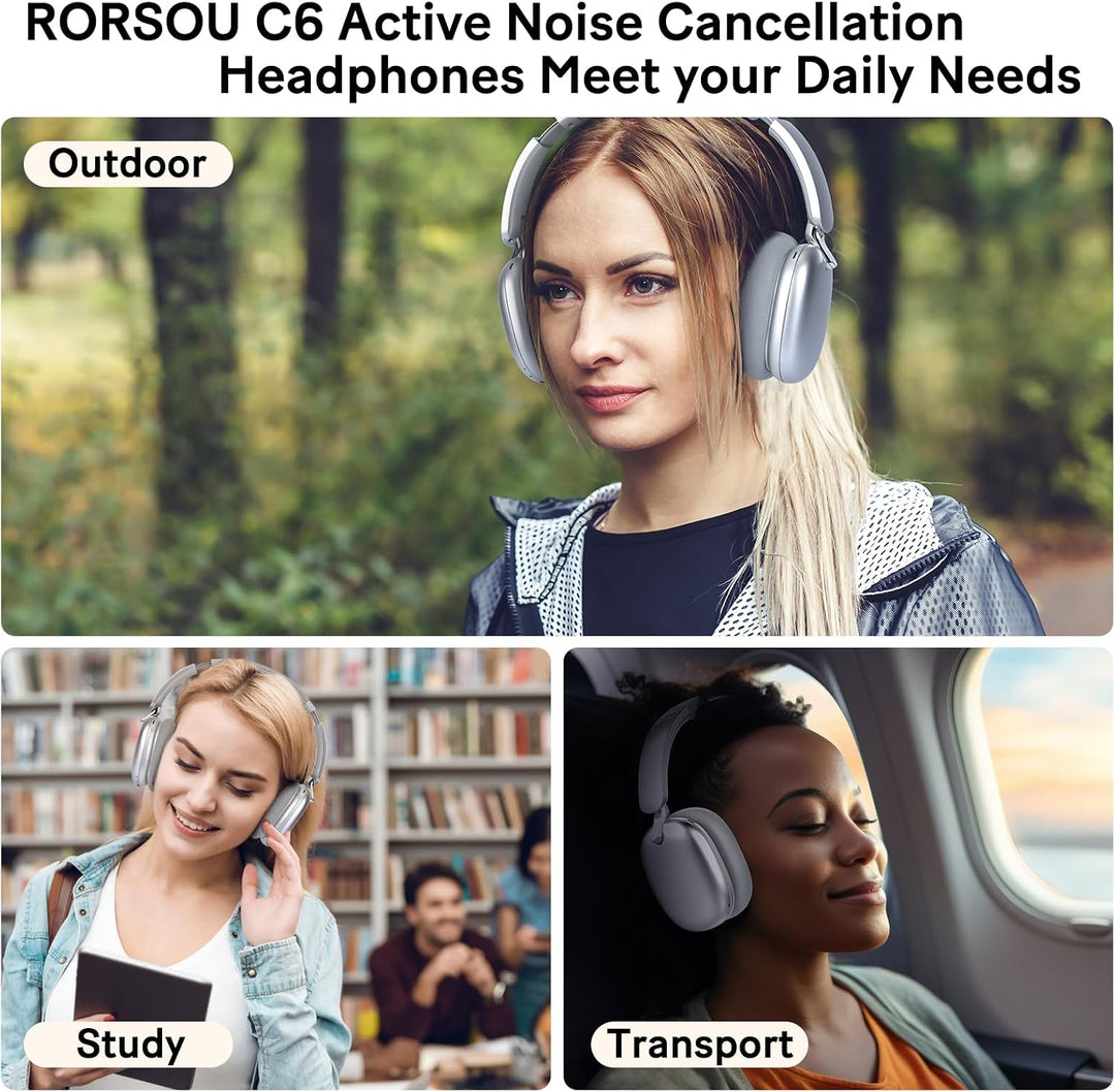 RORSOU C6 Aktive Noise-Cancelling-Kopfhörer, Drahtlose Over-Ear Bluetooth-Kopfhörer, 60 Stunden Spie