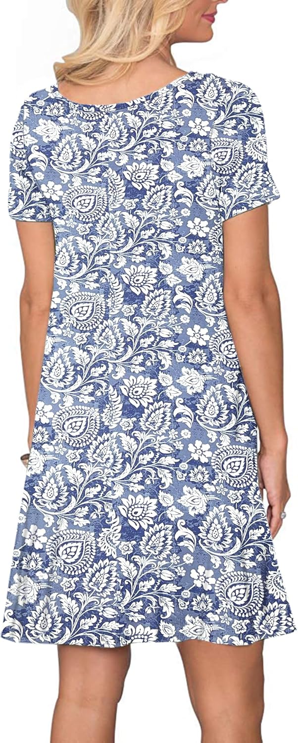 AUSELILY Damen Kleider Sommer Kurzarm Shirtkleider Kurz Sommerkleider Leicht Freizeitkleid mit Tasch
