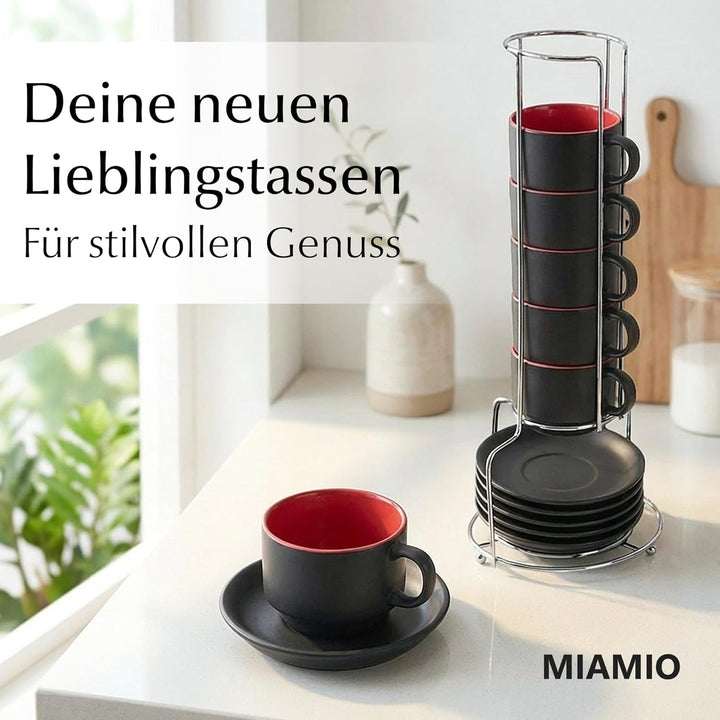 MIAMIO - 6 x 75 ml Espressotassen Set/Espresso Tassen Set mit Untertasse & Ständer - Kaffeetassen Se