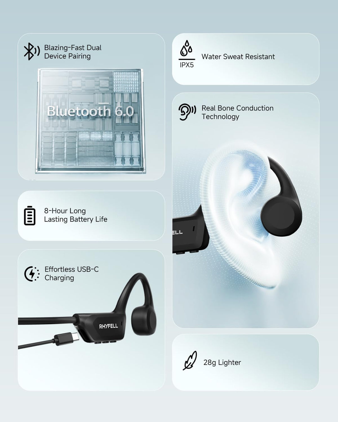 Knochenschall Kopfhörer, Open Ear Bluetooth 6.0 Sportkopfhörer, 8 Std Spielzeit, 28g Ultraleicht, US