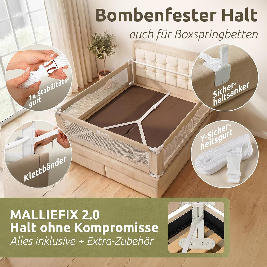 Mallie® Rausfallschutz Boxspringbett 200x200cm Elternbett Beige | 3-seitiges Set mit MALLIEFIX 2.0 C