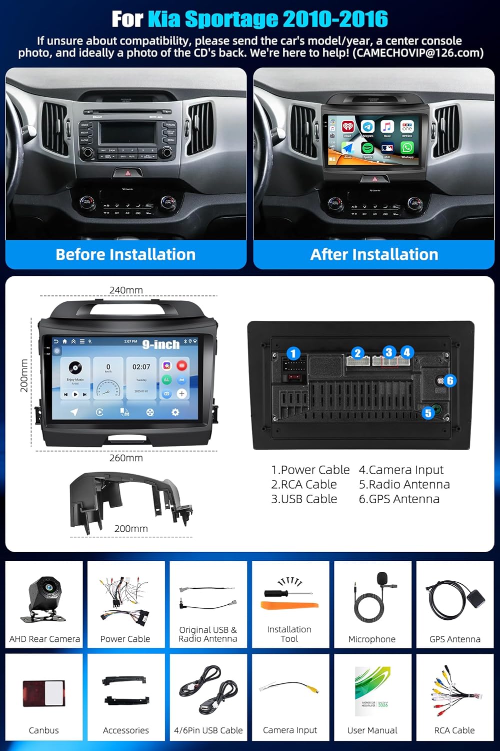 CAMECHO 4G+128G Android 15 Autoradio für Kia sportage 2010-2016 mit Carplay Android Auto,9" IPS Touc