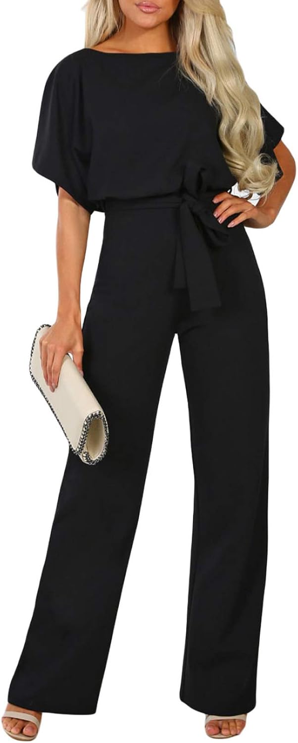 Dokotoo Damen Kurzarm Lang Jumpsuit Elegant Overall Jumpsuits O-Ausschnitt Playsuit Romper Hosenanzu