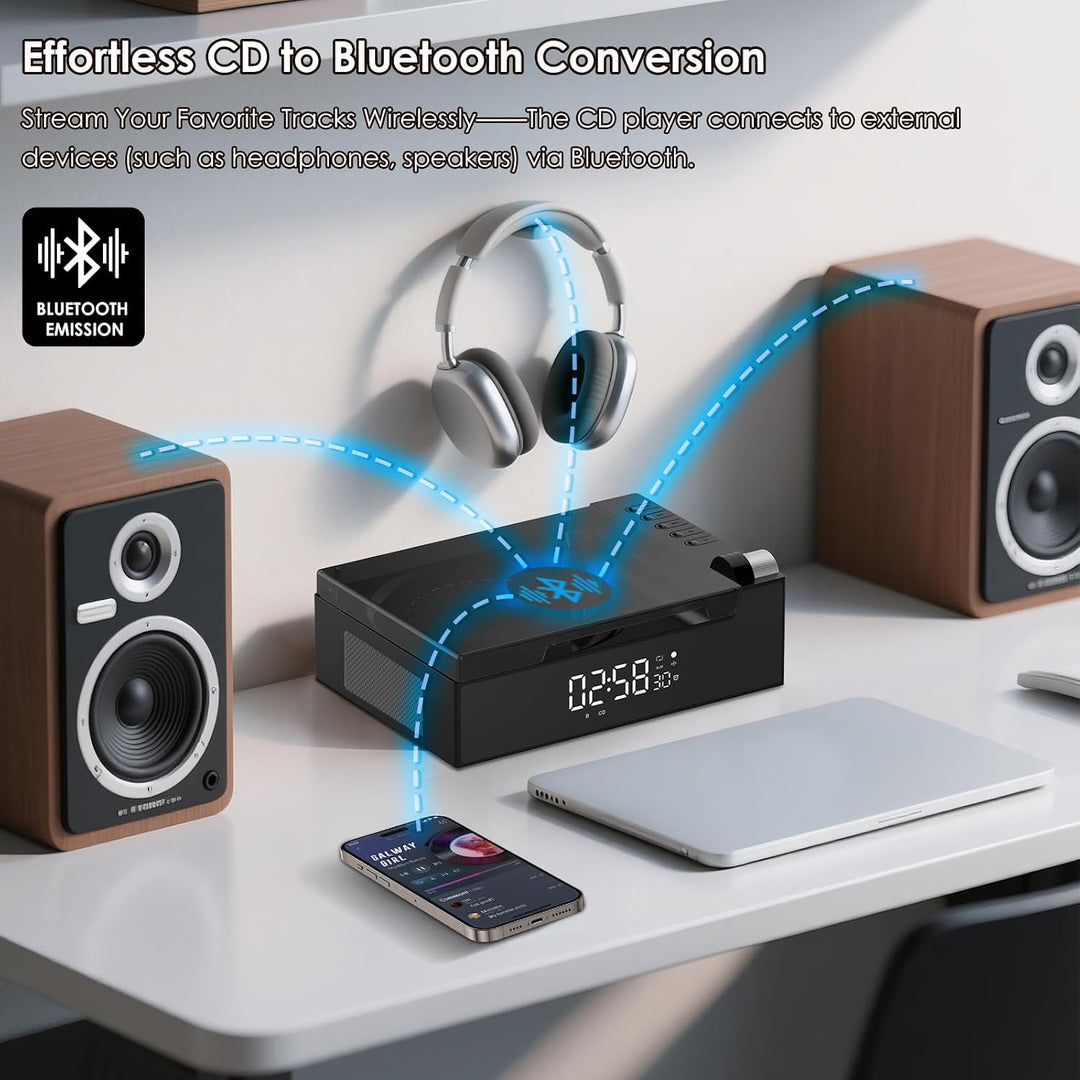 Tragbarer CD-Player für zu Hause mit Hi-Fi-Lautsprecher | Bluetooth-Sender und -Empfänger, Timer, LE