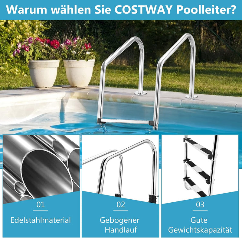 COSTWAY 3 stufiger Edelstahl Poolleiter, Schwimmbad Leiter bis 150kg belastbar, Einstiegsleiter Silb