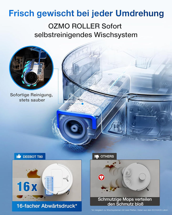 ECOVACS DEEBOT T80 Omni Saugroboter mit Wischfunktion, 18.000 Pa, OZMO Roller Wischwalze mit kontinu