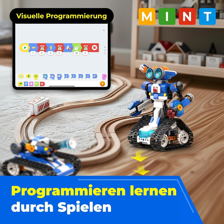 Robot J Programmierbarer Roboter mit Aufbewahrungsbox, 6-in-1 Kreativer Roboter/Panzer Bausatz für K