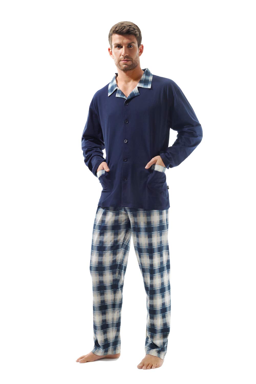 e.VIP ® Herren Schlafanzug OREST 201 aus 100% Baumwolle, Marine Kariert