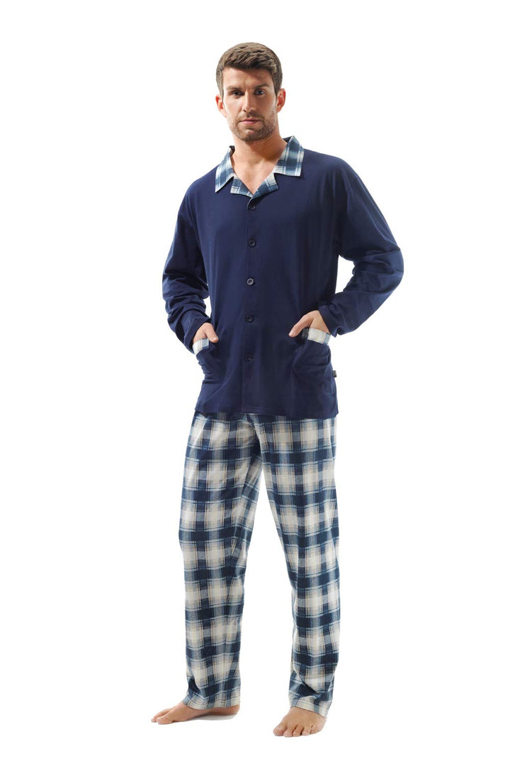 e.VIP ® Herren Schlafanzug OREST 201 aus 100% Baumwolle, Marine Kariert