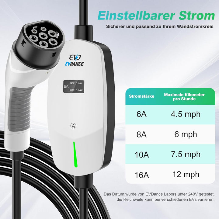 EVDANCE Ladekabel Typ 2 Schuko 6.1m 3.68KW Tragbares Ladegerät mit OLED Bildschirm 6-16A für PHEV/EV