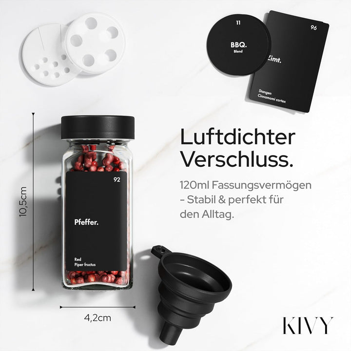 KIVY Gewürzgläser mit Streueinsatz 12er Zusatzset Schwarzer Deckel Zusatzset 12er Schwarz, 12er Schw