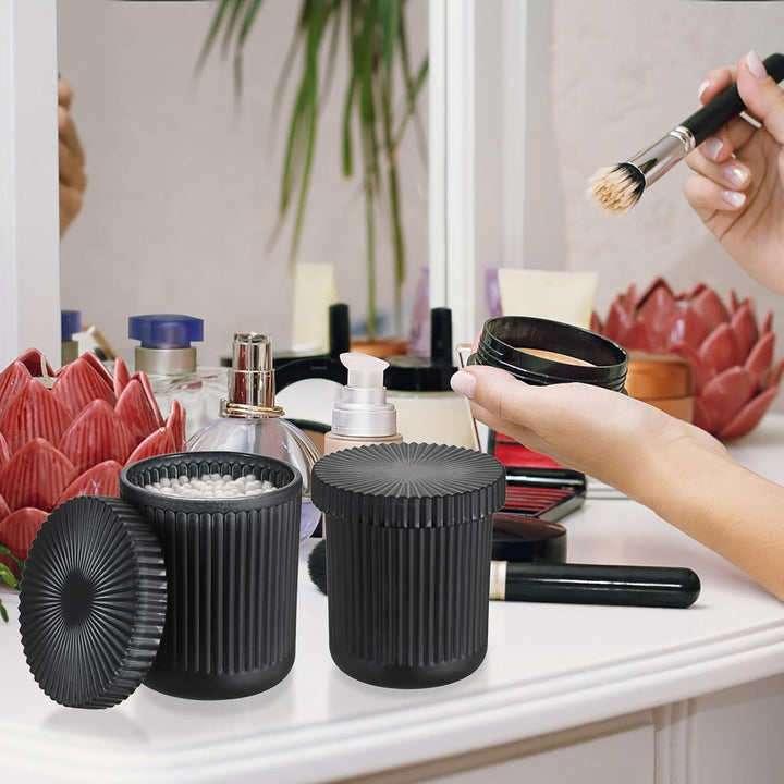 2 Pcs Schwarz Glas Wattepadspender Wattestäbchen Behälter mit Deckel Rund Schminktisch Organizer Was