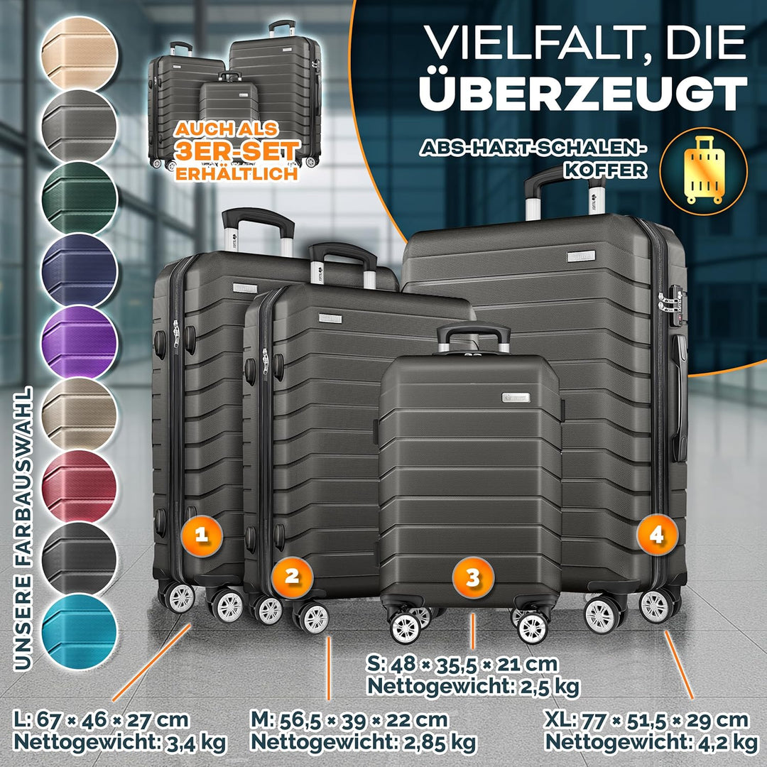 tillvex® Reisekoffer Set 4-teilig + Gepäckwaage, 8X Koffergurte & 4X Kofferanhänger | Kofferset 4 Ro
