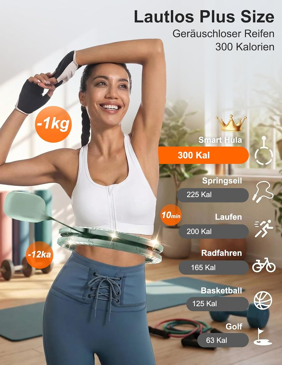 Smart Hula Hoop zum Abnehmen, 18 segmentig mit Taillenband Leiser Fitnessreifen mit 350g Gewichtskug