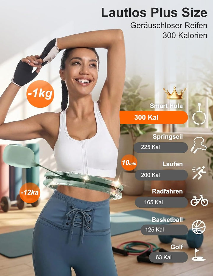 Smart Hula Hoop zum Abnehmen, 18 segmentig mit Taillenband Leiser Fitnessreifen mit 350g Gewichtskug