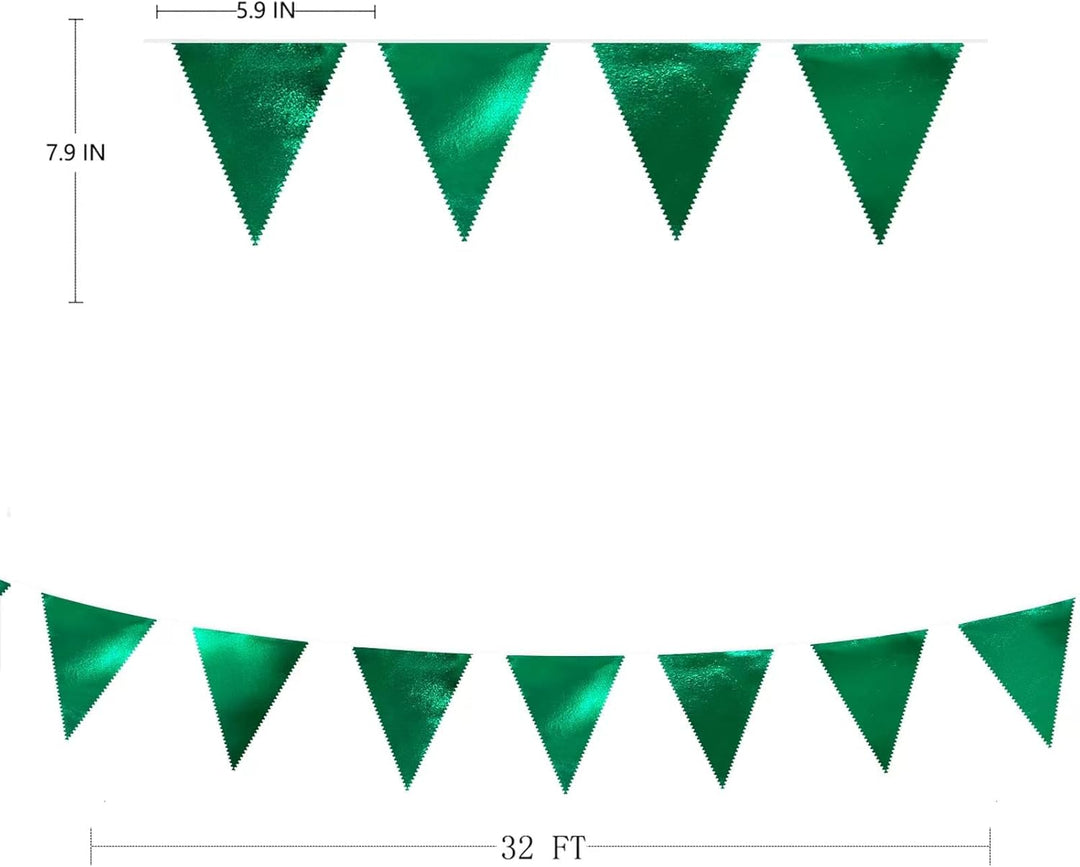 32 Fuss Grüne Stoff-Dreiecksbanner-Flagge Doppelseitig Metallisch Holografische Wimpelkette Girlande