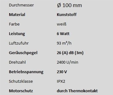 Badventilator Ø 100 mm in weiss mit Timer/Nachlauf MKK-PLANET Lüfter Ventilator Front Wandlüfter Wan
