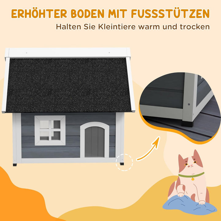 PawHut Katzenhaus aus Holz Winterfest Katzenhöhle für Draussen, Wetterfest Katzenhütte mit Aufklappb