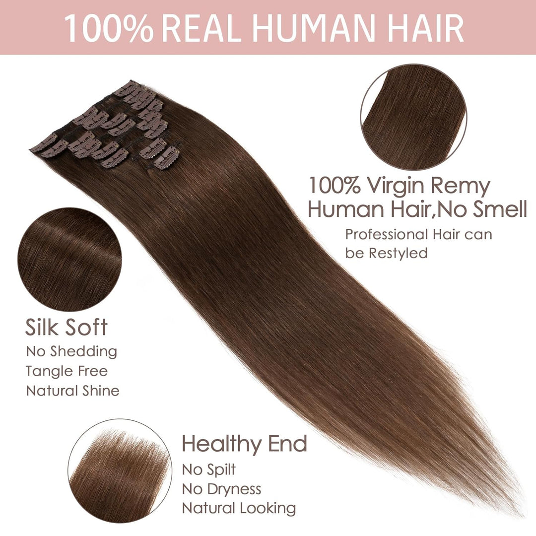 Silk-co Echthaar Clip In Extensions 8 Tressen 18 Clips 60g, Braun Hair Extensions, Remy Echthaar Cli