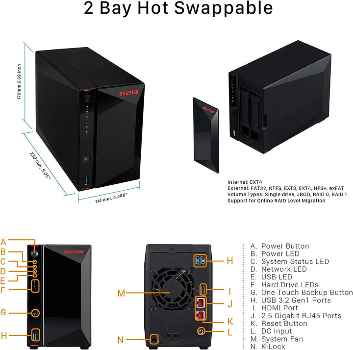 Asustor AS5202T Nimbustor 2 Bay NAS - Netzwerkspeicher Gehäuse, Dual Core 2,0GHz CPU, 2GB DDR4, gami