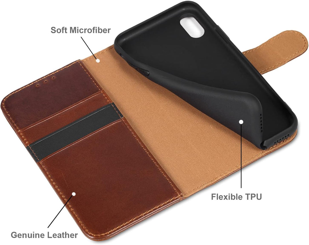 LENSUN Echtleder Hülle für iPhone XS, iPhone X Handyhülle [Echtes Leder][Magnetverschluss][RFID Schu