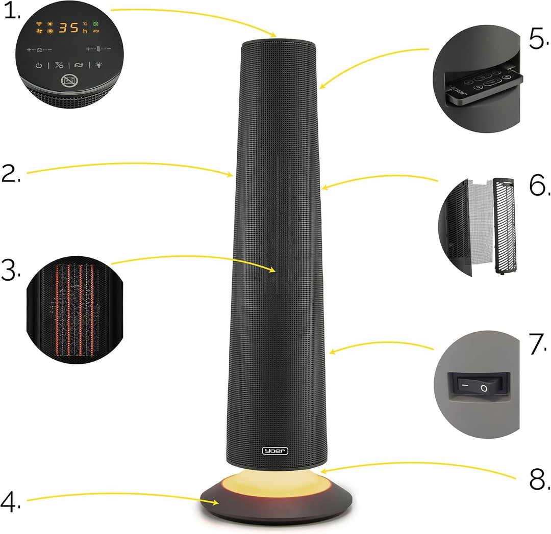 Yoer SkyTower FH06G, Keramik-Heizlüfter 2500W, Elektrischer Heizkörper, Heizlüfter, Fernbedienung, W