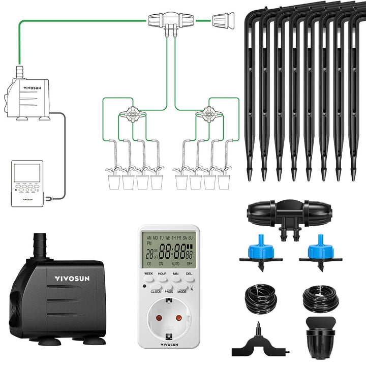 VIVOSUN Bewässerungssystem automatisches Tropfbewässerungsset 15W mit Pumpe,Timer und Regler,8 Tropf