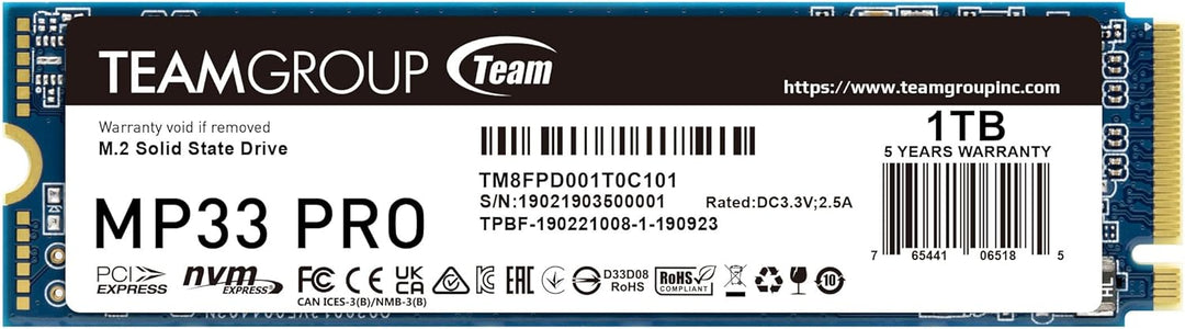 TEAMGROUP MP33 PRO 1TB M.2 PCIe 2280 NVMe 1.3 interne SSD, bis zu 2100 MB/s Gen3x4 Solid State Drive