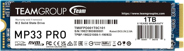TEAMGROUP MP33 PRO 1TB M.2 PCIe 2280 NVMe 1.3 interne SSD, bis zu 2100 MB/s Gen3x4 Solid State Drive