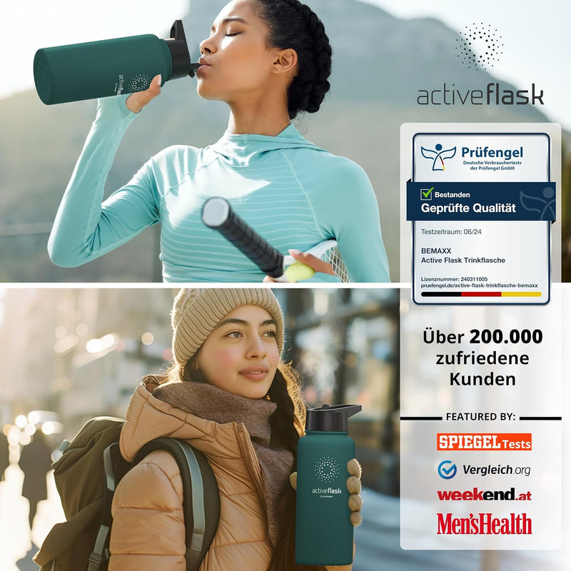 Trinkflasche Edelstahl ACTIVE FLASK + Strohhalm (3 Deckel) BPA-frei, Auslaufsicher, Kohlensäure geei