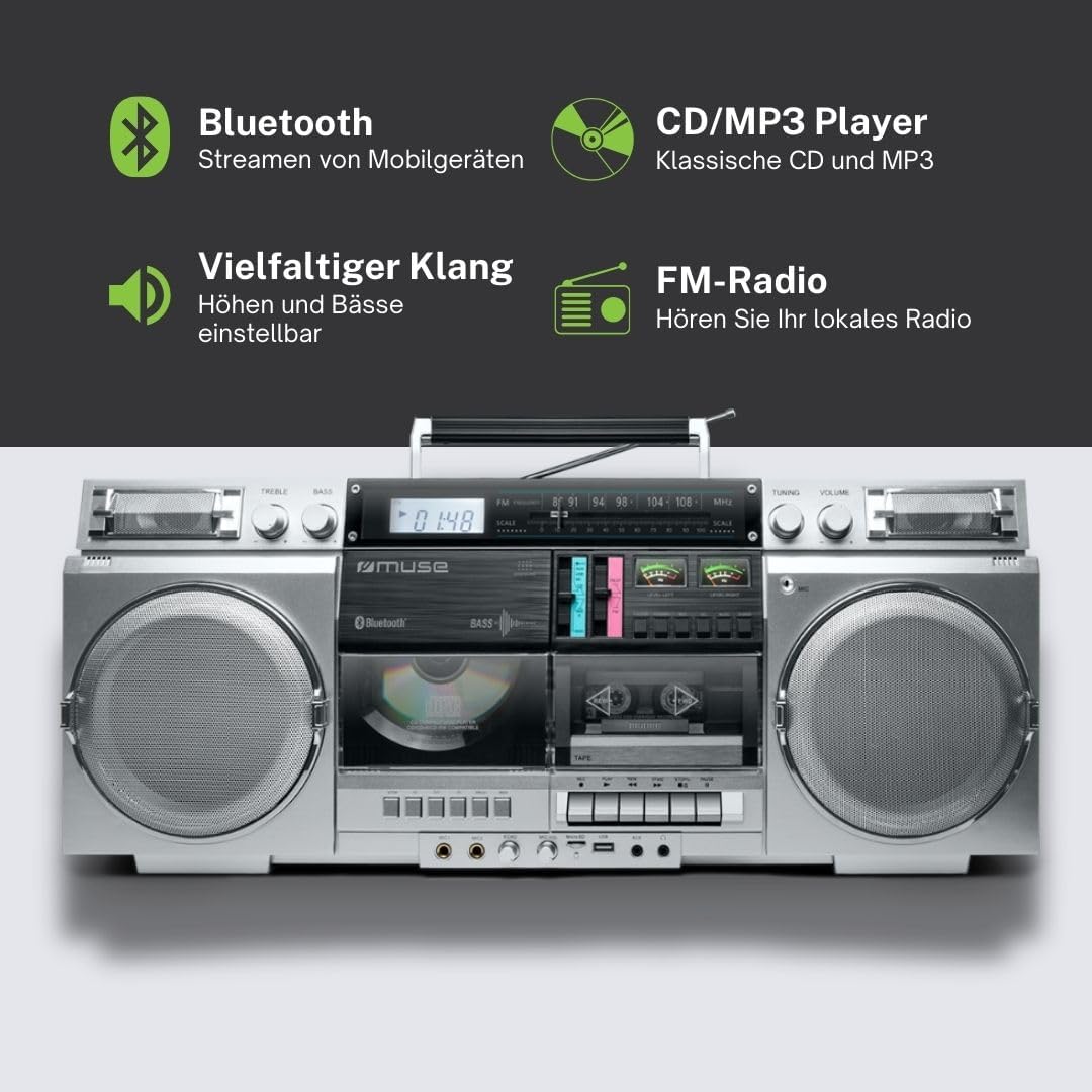 MUSE M-380GBS Retro Kassetten Boombox mit CD-Player, AUX und Bluetooth, Smartphone kompatibel, Kasse
