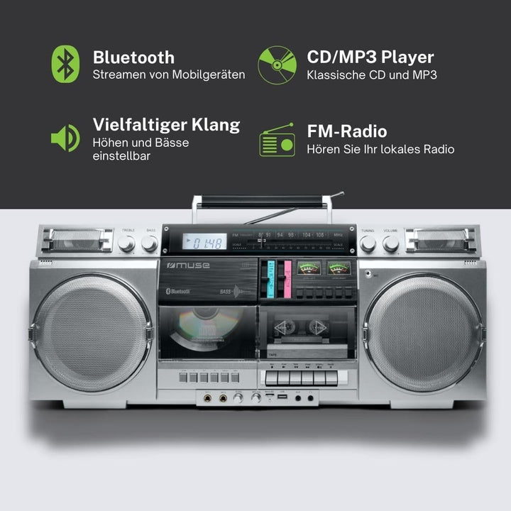 MUSE M-380GBS Retro Kassetten Boombox mit CD-Player, AUX und Bluetooth, Smartphone kompatibel, Kasse