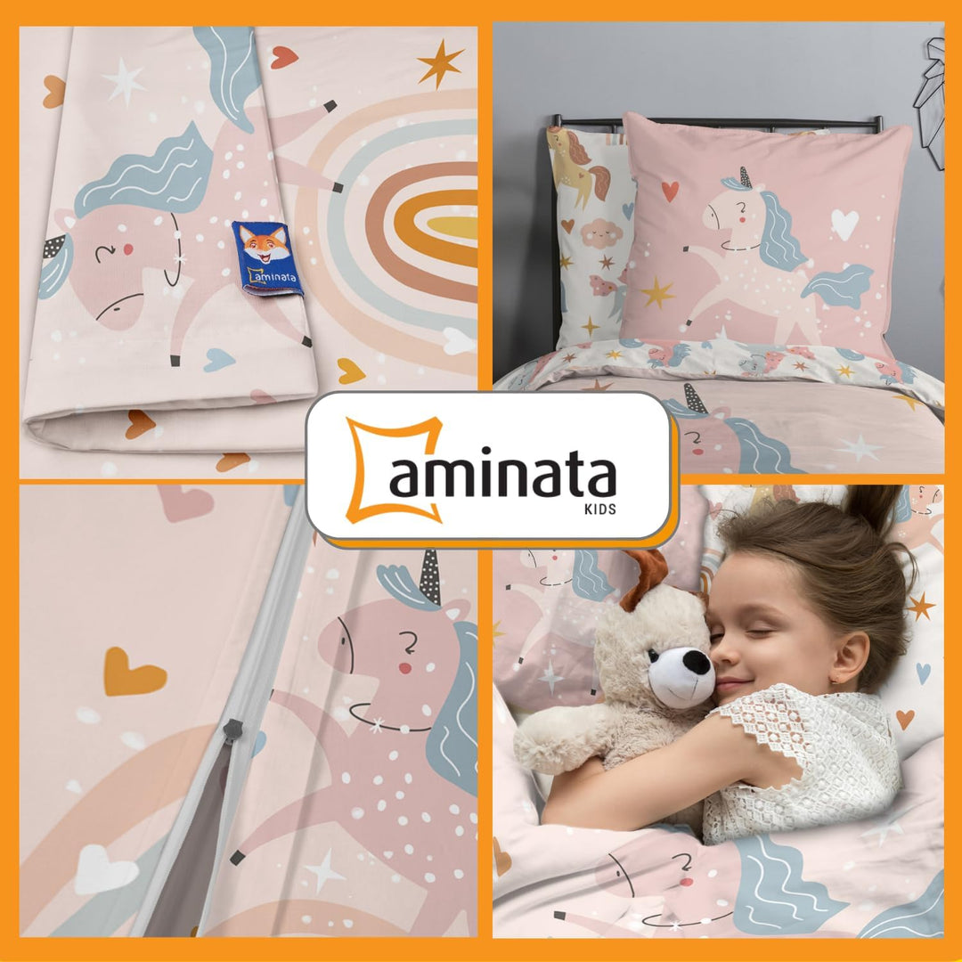 Aminata kids Bettwäsche 135x200 Kinder Mädchen Baumwolle Einhorn beige Wende-Kinder-Bettwäsche-Set R