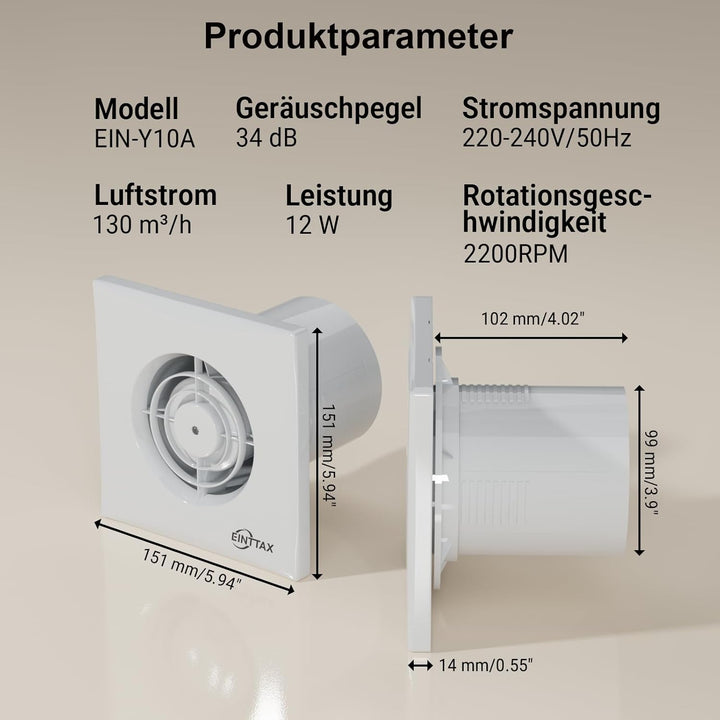 Badlüfter 100mm Abluftventilator Küche mit Rückstauklappe,130m³/h, IPX2 Wasserdicht, für Bad Küche S